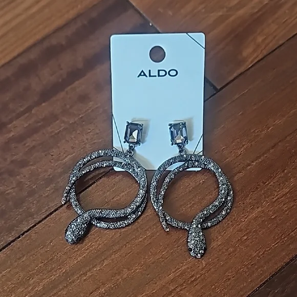 Aldo Gunmetal Crystal Snake Hoop Earrings Comes W Accessory Pouch - Picture 4 of 4